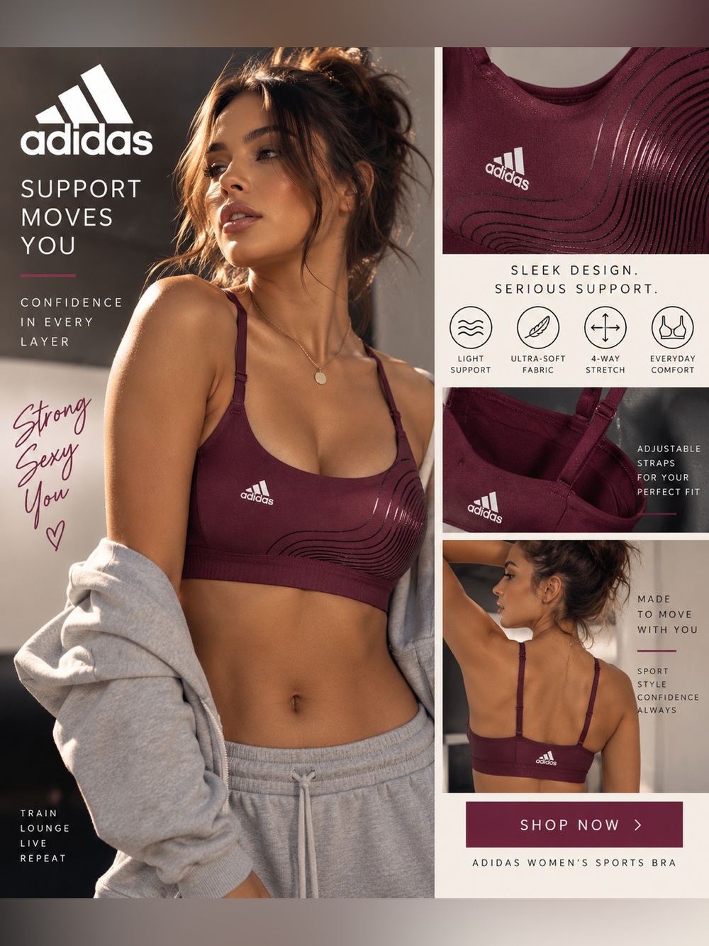 Adidas Women’s Burgundy Sports Bra - Light Support size XS